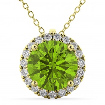 Halo Round Peridot & Diamond Pendant Necklace 14k Yellow Gold (2.29ct)