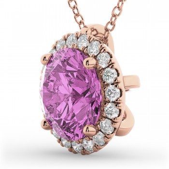 Halo Round Pink Sapphire & Diamond Pendant Necklace 14k Rose Gold (2.59ct)