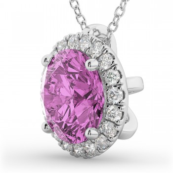 Halo Round Pink Sapphire & Diamond Pendant Necklace 14k White Gold (2.59ct)