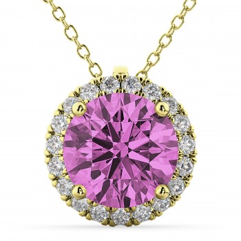 Halo Round Pink Sapphire & Diamond Pendant Necklace 14k Yellow Gold (2.59ct)