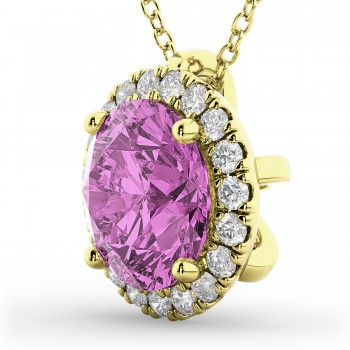 Halo Round Pink Sapphire & Diamond Pendant Necklace 14k Yellow Gold (2.59ct)