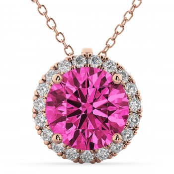 Halo Round Pink Tourmaline & Diamond Pendant Necklace 14k Rose Gold (2.29ct)