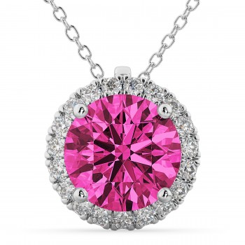 Halo Round Pink Tourmaline & Diamond Pendant Necklace 14k White Gold (2.29ct)