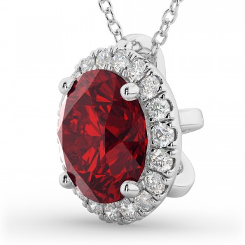 Halo Round Ruby & Diamond Pendant Necklace 14k White Gold (2.59ct)