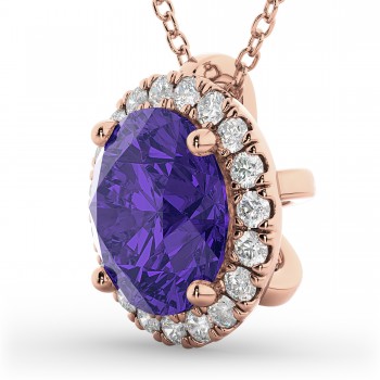 Halo Round Tanzanite & Diamond Pendant Necklace 14k Rose Gold (2.09ct)