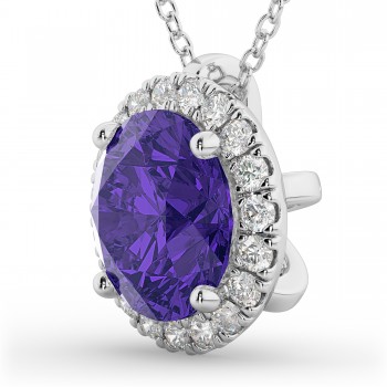 Halo Round Tanzanite & Diamond Pendant Necklace 14k White Gold (2.09ct)