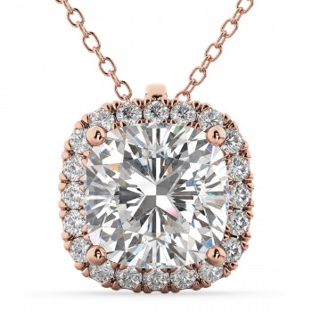 Halo Cushion Cut Diamond Pendant Necklace 14k Rose Gold (2.27ct)