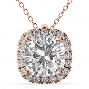 Halo Cushion Cut Diamond Pendant Necklace 14k Rose Gold (2.27ct)