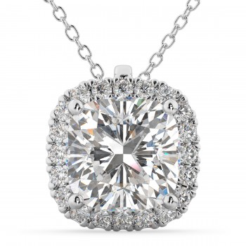 Halo Cushion Cut Diamond Pendant Necklace 14k White Gold (2.27ct)