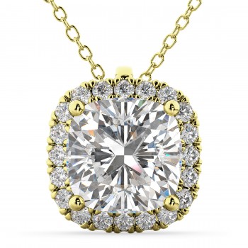 Halo Cushion Cut Diamond Pendant Necklace 14k Yellow Gold (2.27ct)