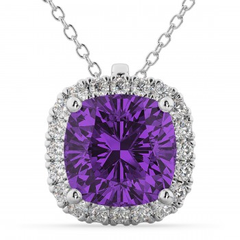 Halo Amethyst Cushion Cut Pendant Necklace 14k White Gold (2.02ct)