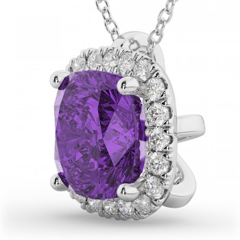 Halo Amethyst Cushion Cut Pendant Necklace 14k White Gold (2.02ct)