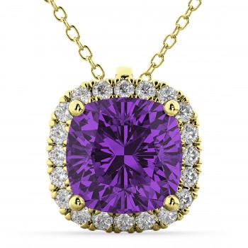 Halo Amethyst Cushion Cut Pendant Necklace 14k Yellow Gold (2.02ct)