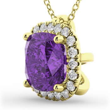 Halo Amethyst Cushion Cut Pendant Necklace 14k Yellow Gold (2.02ct)