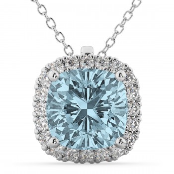 Halo Aquamarine Cushion Cut Pendant Necklace 14k White Gold (2.02ct)