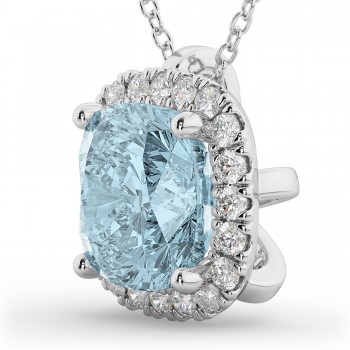 Halo Aquamarine Cushion Cut Pendant Necklace 14k White Gold (2.02ct)