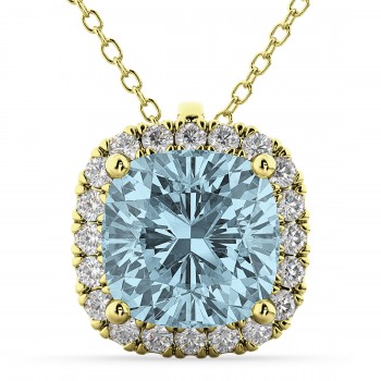 Halo Aquamarine Cushion Cut Pendant Necklace 14k Yellow Gold (2.02ct)