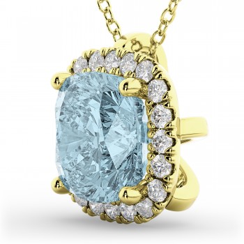 Halo Aquamarine Cushion Cut Pendant Necklace 14k Yellow Gold (2.02ct)