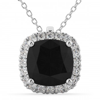 Halo Cushion Cut Black Diamond Necklace 14k White Gold (2.27ct)