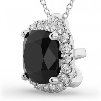 Halo Cushion Cut Black Diamond Necklace 14k White Gold (2.27ct)