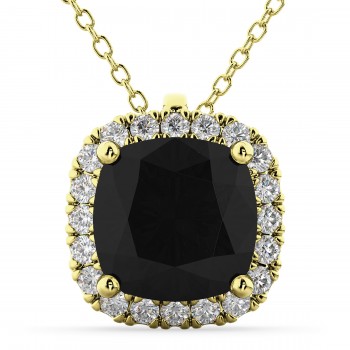 Halo Cushion Cut Black Diamond Necklace 14k Yellow Gold (2.27ct)