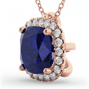 Halo Blue Sapphire Cushion Cut Pendant Necklace 14k Rose Gold (2.02ct)