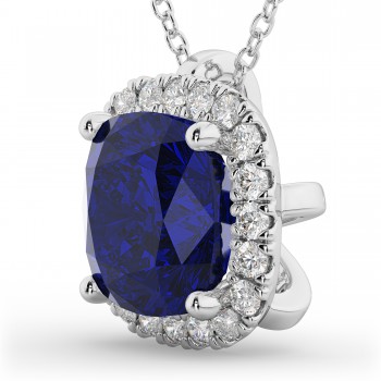 Halo Blue Sapphire Cushion Cut Pendant Necklace 14k White Gold (2.02ct)