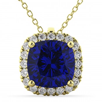 Halo Blue Sapphire Cushion Cut Pendant Necklace 14k Yellow Gold (2.02ct)