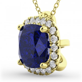 Halo Blue Sapphire Cushion Cut Pendant Necklace 14k Yellow Gold (2.02ct)