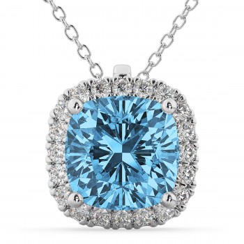 Halo Blue Topaz Cushion Cut Pendant Necklace 14k White Gold (2.02ct)