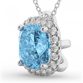 Halo Blue Topaz Cushion Cut Pendant Necklace 14k White Gold (2.02ct)