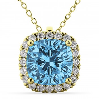 Halo Blue Topaz Cushion Cut Pendant Necklace 14k Yellow Gold (2.02ct)