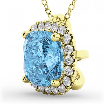 Halo Blue Topaz Cushion Cut Pendant Necklace 14k Yellow Gold (2.02ct)