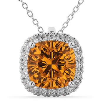 Halo Citrine Cushion Cut Pendant Necklace 14k White Gold (2.02ct)