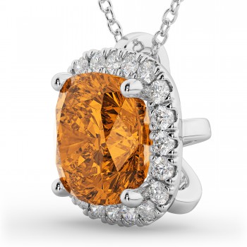 Halo Citrine Cushion Cut Pendant Necklace 14k White Gold (2.02ct)