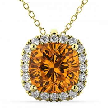 Halo Citrine Cushion Cut Pendant Necklace 14k Yellow Gold (2.02ct)