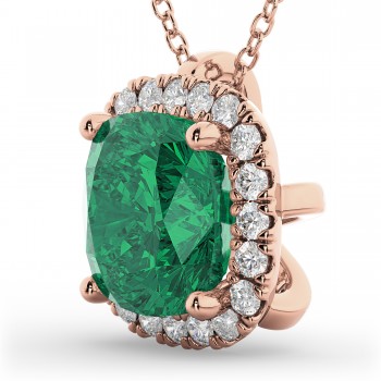 Halo Emerald Cushion Cut Pendant Necklace 14k Rose Gold (2.02ct)