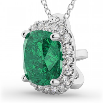 Halo Emerald Cushion Cut Pendant Necklace 14k White Gold (2.02ct)
