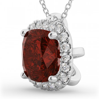 Halo Garnet Cushion Cut Pendant Necklace 14k White Gold (2.02ct)