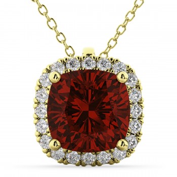 Halo Garnet Cushion Cut Pendant Necklace 14k Yellow Gold (2.02ct)