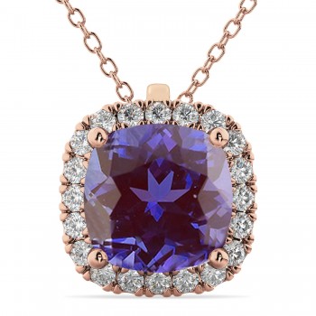 Halo Lab Alexandrite Cushion Cut Pendant Necklace 14k Rose Gold (2.02ct)