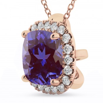 Halo Lab Alexandrite Cushion Cut Pendant Necklace 14k Rose Gold (2.02ct)