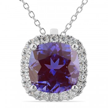 Halo Lab Alexandrite Cushion Cut Pendant Necklace 14k White Gold (2.02ct)