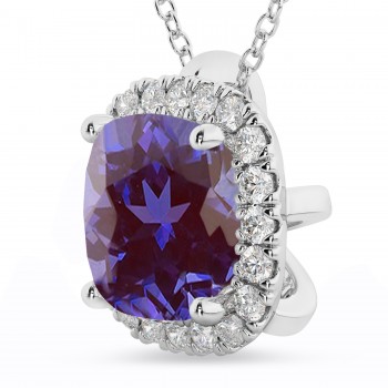 Halo Lab Alexandrite Cushion Cut Pendant Necklace 14k White Gold (2.02ct)