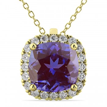 Halo Lab Alexandrite Cushion Cut Pendant Necklace 14k Yellow Gold (2.02ct)