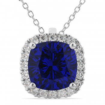 Halo Lab Blue Sapphire Cushion Cut Pendant Necklace 14k White Gold (2.02ct)