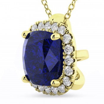 Halo Lab Blue Sapphire Cushion Cut Pendant Necklace 14k Yellow Gold (2.02ct)