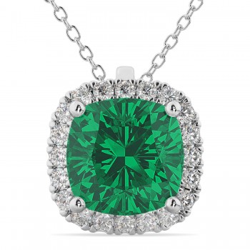 Halo Lab Emerald Cushion Cut Pendant Necklace 14k White Gold (2.02ct)