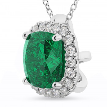 Halo Lab Emerald Cushion Cut Pendant Necklace 14k White Gold (2.02ct)