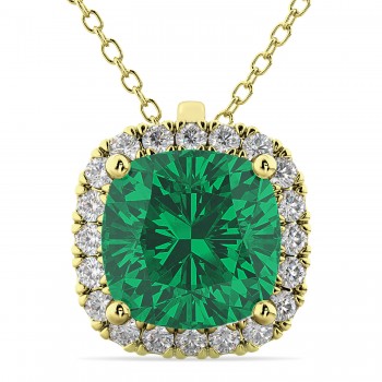 Halo Lab Emerald Cushion Cut Pendant Necklace 14k Yellow Gold (2.02ct)